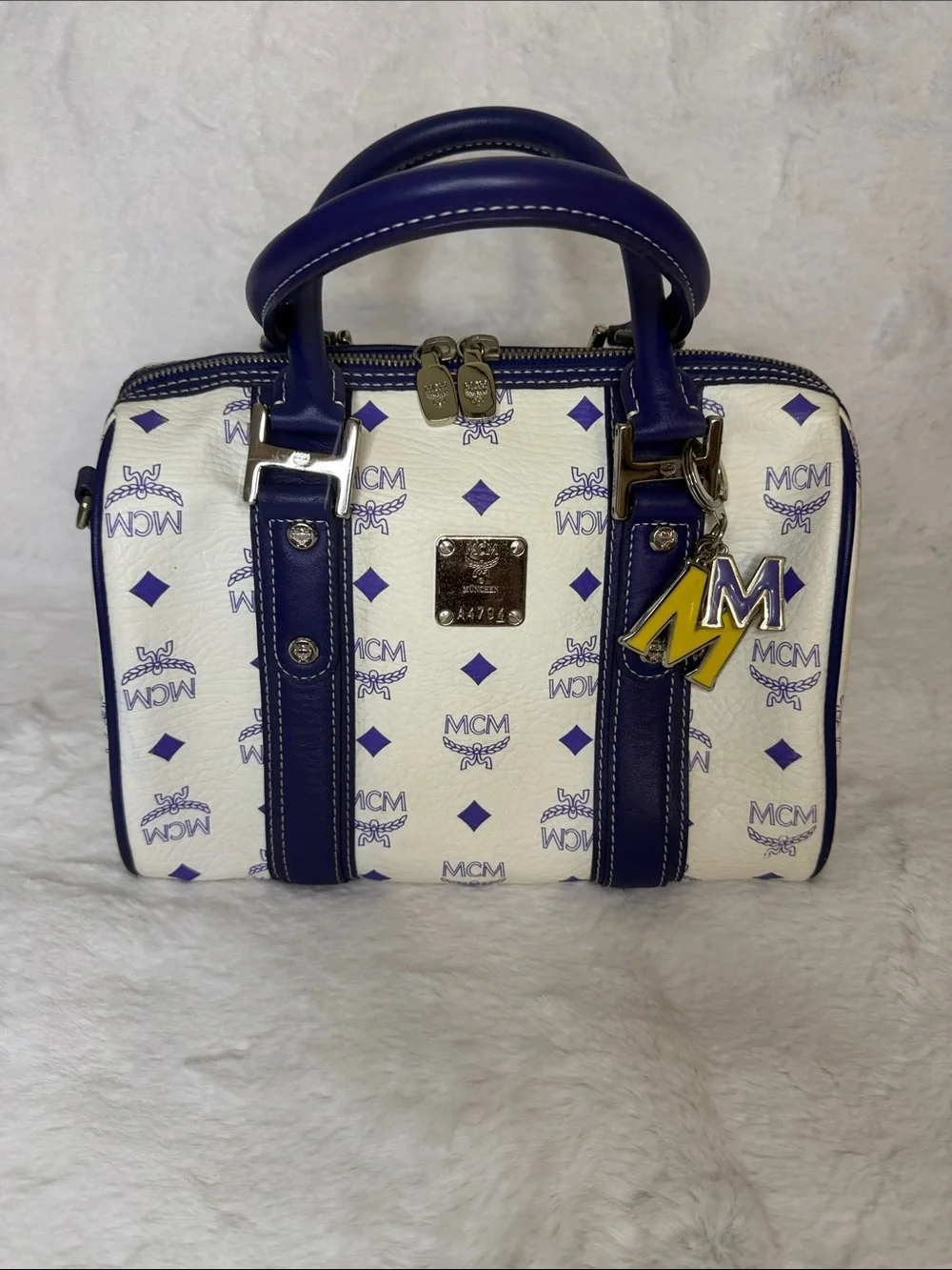 MCM White & Purple Visetos Boston Satchel with Silver Hardware